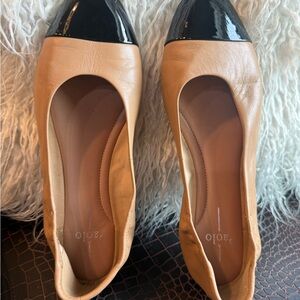 Paolo Two-Tone Tan Leather Ballet Flats with Black Patent Cap